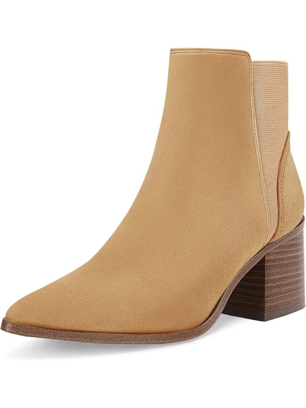 Women Light Brown Suede Elastic Chunky Block Mid Heel Slip On Chelsea Ankle Boot